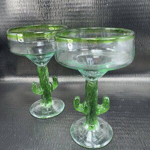 Vintage Hand Blown Margarita Glasses Cups Cactus‎ Stem Barware Hand Made Set 2